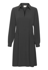 Robe à manches longues de couleur gris foncé, confectionnée dans un tissu lisse. Elle présente un col, une fermeture éclair à l'avant et des poignets froncés. Silhouette évasée avec des plis latéraux.