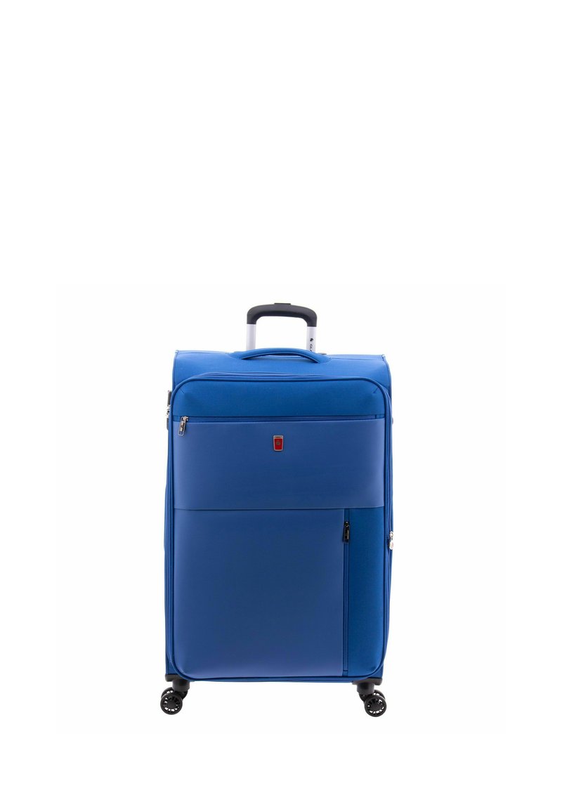 Blauw koffer met wielen, voorzien van ritscompartimenten, een stevige handvat en vier draaiwielen. Gemaakt van duurzaam stof met een zachte textuur.