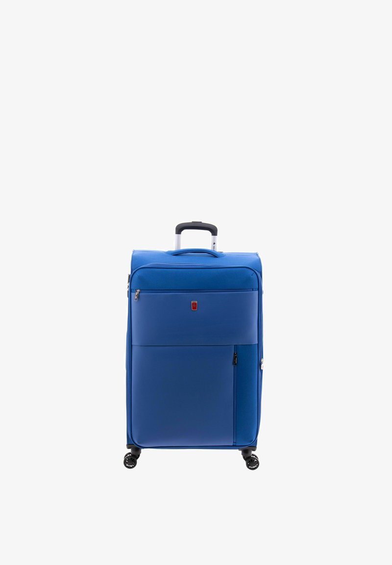 Blauw koffer met wielen, voorzien van ritscompartimenten, een stevige handvat en vier draaiwielen. Gemaakt van duurzaam stof met een zachte textuur.