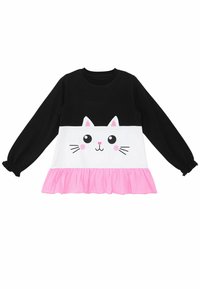 Camisa de manga larga con un cuerpo blanco y un diseño de cara de gato en la parte superior negra, y un dobladillo con volantes en color rosa. Hecha de una tela suave, con un ajuste cómodo.