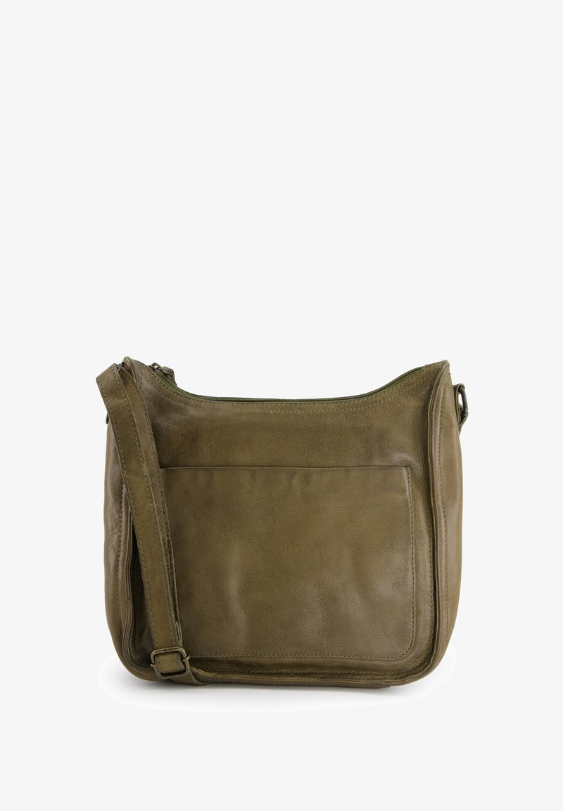 Olijfgroene leren schoudertas met een ritssluiting, een platte voorzak en een verstelbare schouderband. Gladde textuur met minimale stikseldetails.