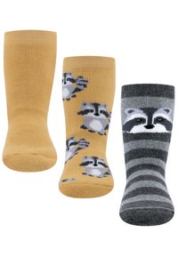 Drei Paar Socken: ein einfarbiges gelbes Paar, eines mit Waschbärenmotiven und eines grau gestreiftes mit einem Waschbärenkopf. Alle haben eine weiche Textur.