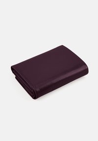 Folded wallet in deep purple leather, featuring a smooth texture, rounded edges, and exposed stitching along the seam.