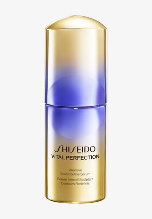Flacon de sérum Shiseido Vital Perfection Intensive SculptDefine avec un dégradé or et bleu, texte noir sur fond blanc.