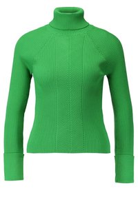 Grön ribbad polotröja med långa ärmar, med ett texturerat vertikalt mönster och figurnära silhuett. Mjuk, stretchig tyg.