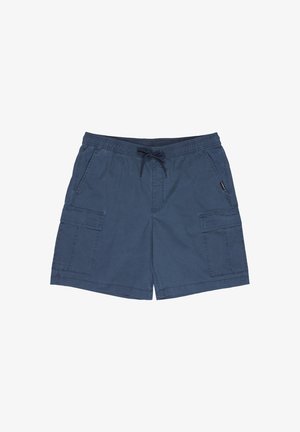Blaue Herren-Cargoshorts mit elastischem Bund, schwarzem Kordelzug, Seitentaschen und Klappentaschen an jedem Bein.
