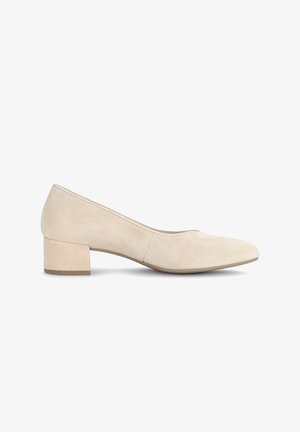 Beige Veloursleder Damen-Pumps mit niedrigem Blockabsatz, abgerundetem Zehenbereich und minimaler Nahtführung, Seitenansicht auf weißem Hintergrund.