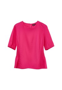 Blusa rosa brillante a maniche corte con scollatura rotonda e cuciture laterali arricciate, esposta su uno sfondo bianco.