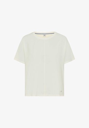 Kurzärmeliges T-Shirt in Off-White mit minimalem Nahtdetail und kleinem gebrandetem Metall-Emblem nahe dem unteren Saum.