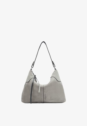 Szara zamszowa torba na ramię z czarnym regulowanym paskiem i małym logo marki "Liebeskind Berlin" na środku przedniej strony.