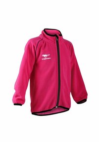 Rosa fleecejacka med hög krage, dragkedja och svarta detaljer vid ärmsluten och nederkant. Logotyp tryckt på framsidan.