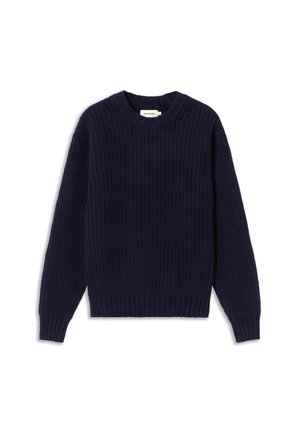 Marineblauwe gebreide sweater met een ronde hals, voorzien van een gestructureerd ribpatroon en lange mouwen. Eenvoudige, aansluitende zoom.