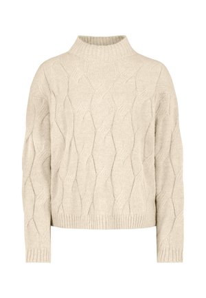 Beiger gestrickter Pullover mit hohem Rippenkragen und Zopfmuster am ganzen Körper und an den Ärmeln.