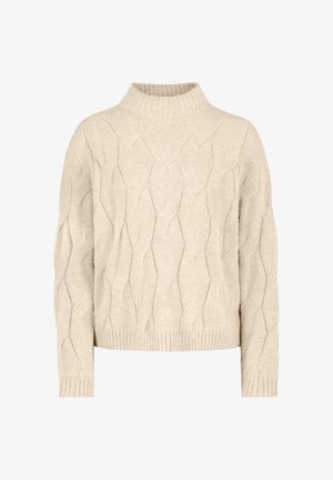 Beiger gestrickter Pullover mit hohem Rippenkragen und Zopfmuster am ganzen Körper und an den Ärmeln.