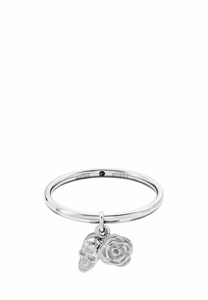 Silver ring featuring a smooth band with a dangling charm of a skull and a rose. Both charms have intricate detailing and a polished finish.