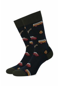 Bawełniane skarpetki, granatowe z zielonymi akcentami, z wzorem kolorowych, klasycznych samochodów i gitar. Żebrowany krój u góry zapewniający stabilne dopasowanie.