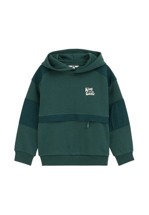 Sweat à capuche vert foncé avec poignets côtelés, poche avant zippée et texte "King of the Game" sur la poitrine.