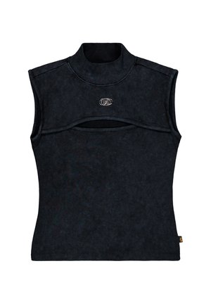 Varrukateta must kõrge kaelusega top, millel on rindkere all horisontaalne lõhik ja keskel väike hõbedane logo.