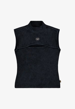 Varrukateta must kõrge kaelusega top, millel on rindkere all horisontaalne lõhik ja keskel väike hõbedane logo.