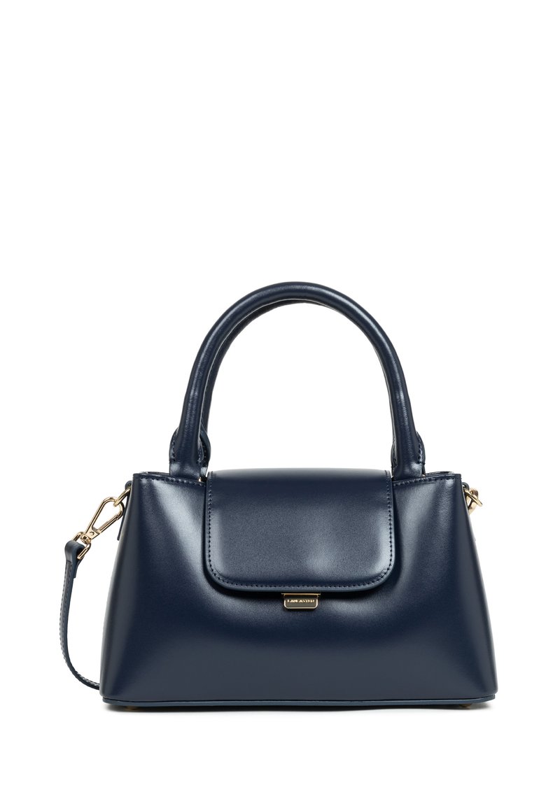 Borsa a tracolla in pelle sintetica blu navy con design strutturato, manici arrotondati, chiusura a pattina e dettagli in metallo dorato.