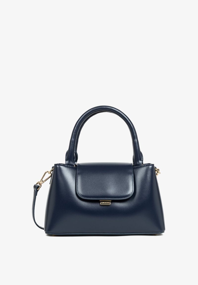 Borsa a tracolla in pelle sintetica blu navy con design strutturato, manici arrotondati, chiusura a pattina e dettagli in metallo dorato.