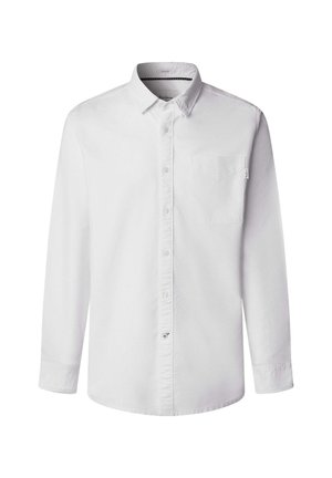 Baltas garai piedurkņu krekls ar pogām, izgatavots no kokvilnas, ar norādītu apkakli, vienu krūšu kabatu un smalkiem izšuvumu elementiem.