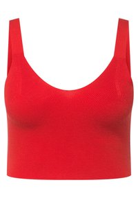 Roter gerippter Crop-Top mit breiten Schulterträgern, einem Rundhalsausschnitt und einer figurschmeichelnden Silhouette, hergestellt aus dehnbarem Material.