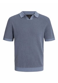 Poloko s krátkým rukávem v texturovém modrém materiálu s V-výstřihem a kontrastním límcem. Žebrovaný lem a manžety rukávů.