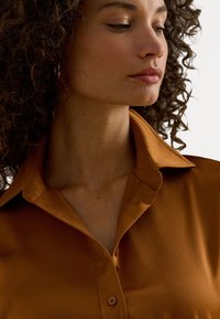 Καφέ πουκάμισο με γιακά, που διαθέτει λεία υφή και κουμπιά μπροστά. Έχει διακριτική γυαλάδα και αυστηρό γιακά. Χωρίς μοτίβα ή διακοσμητικά στοιχεία.