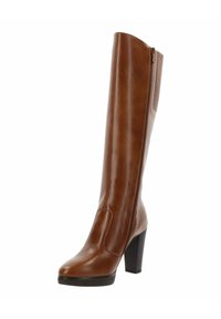 Bottines en cuir marron hauteur genou avec un bout pointu, un gros talon et une fermeture éclair latérale. Présente une texture lisse et un détail en panneau vertical.