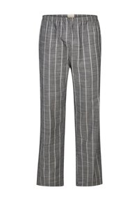 Grijze geruite broek van lichtgewicht stof, met verticale witte strepen en een elastische tailleband voor comfort. Recht gesneden pijpen.