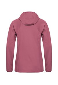 Giacca con cappuccio in rosa morbido, caratterizzata da un tessuto testurizzato, maniche lunghe e un design aderente. La vista posteriore mette in risalto i dettagli delle cuciture.