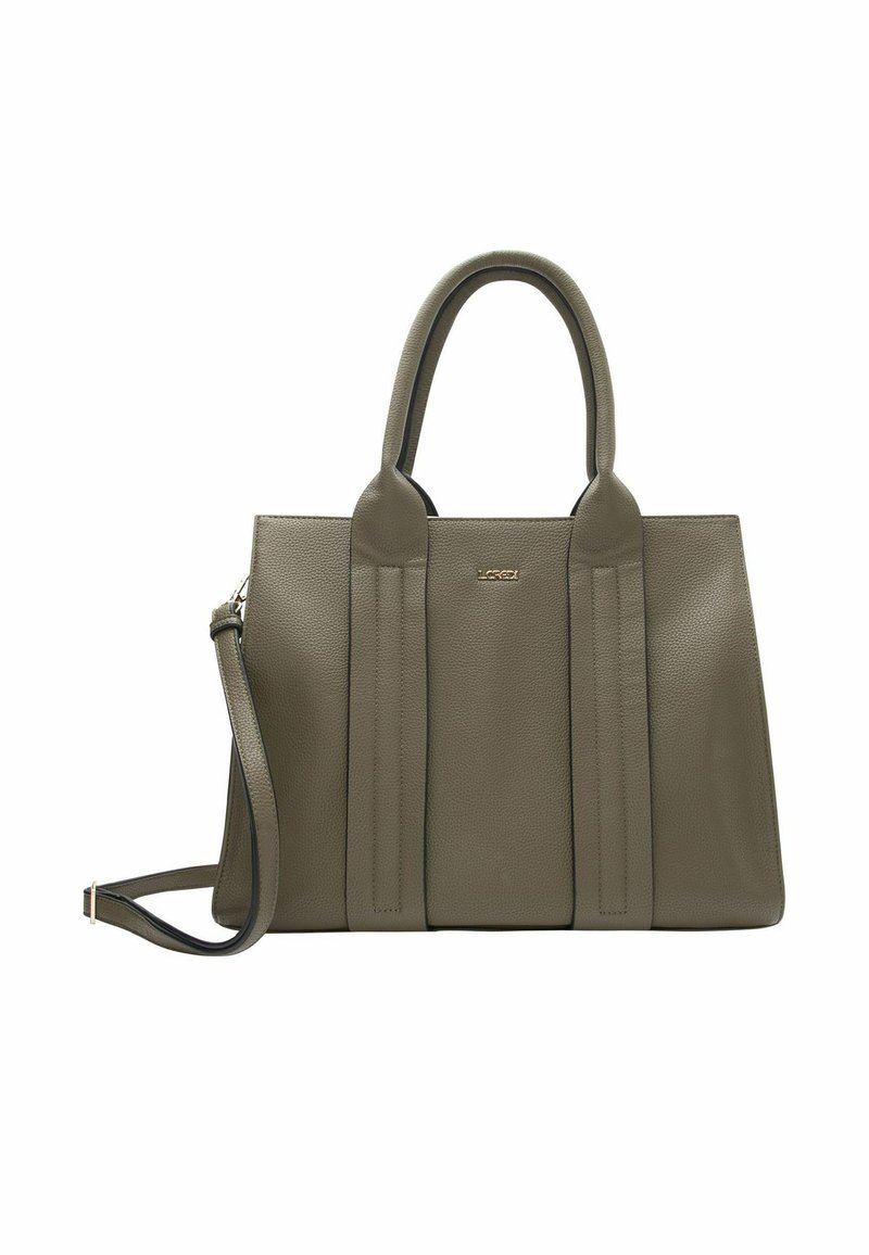Sac à main en cuir vert olive avec poignées doubles, une sangle ajustable et des plis latéraux. Présente un logo doré à l'avant. Texture lisse.