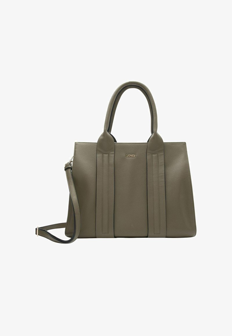 Borsa a mano in pelle verde oliva con manici doppi, una tracolla regolabile e pieghe laterali. Presenta un logo dorato sulla parte frontale. Tessuto liscio.