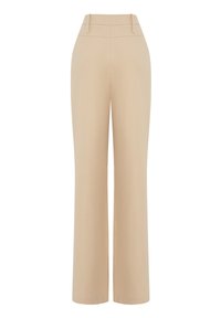 Beige wijde broek met hoge taille, rechte voorkant en een gladde textuur. Inclusief twee riemlussen en minimalistische ontwerpelementen.