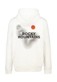Felpa bianca con cappuccio caratterizzata da testo nero "ROCKY MOUNTAINS" e un design di linee multicolore con un cerchio arancione solido sul retro.