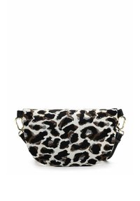 Borsa a stampa leopardata con forma curva, materiale in tessuto, dettagli in pelle nera e manico rimovibile. Finiture in oro sui ganci.