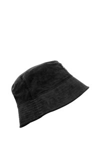 Black corduroy bucket hat with a soft texture, rounded crown, and wide, downward-sloping brim. Features subtle stitching details.