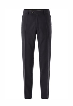 Black tailored men's trousers with front creases, buttoned waistband, belt loops, and a zip fly closure.