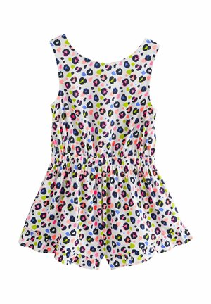 Kolorowy, bezrękawnik z białą bazą i wielokolorowym wzorem w panterkę, elastycznym pasem i falbaniastym wykończeniem.