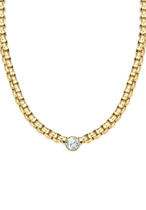 Collana in oro con maglie intrecciate a finitura liscia e una singola pietra preziosa rotonda e trasparente al centro.