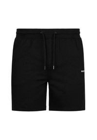 Zwarte katoenen shorts met een elastische tailleband en koord. Beschikt over zijzakken en een klein logo nabij de zoom. Eenvoudig, klassiek ontwerp.