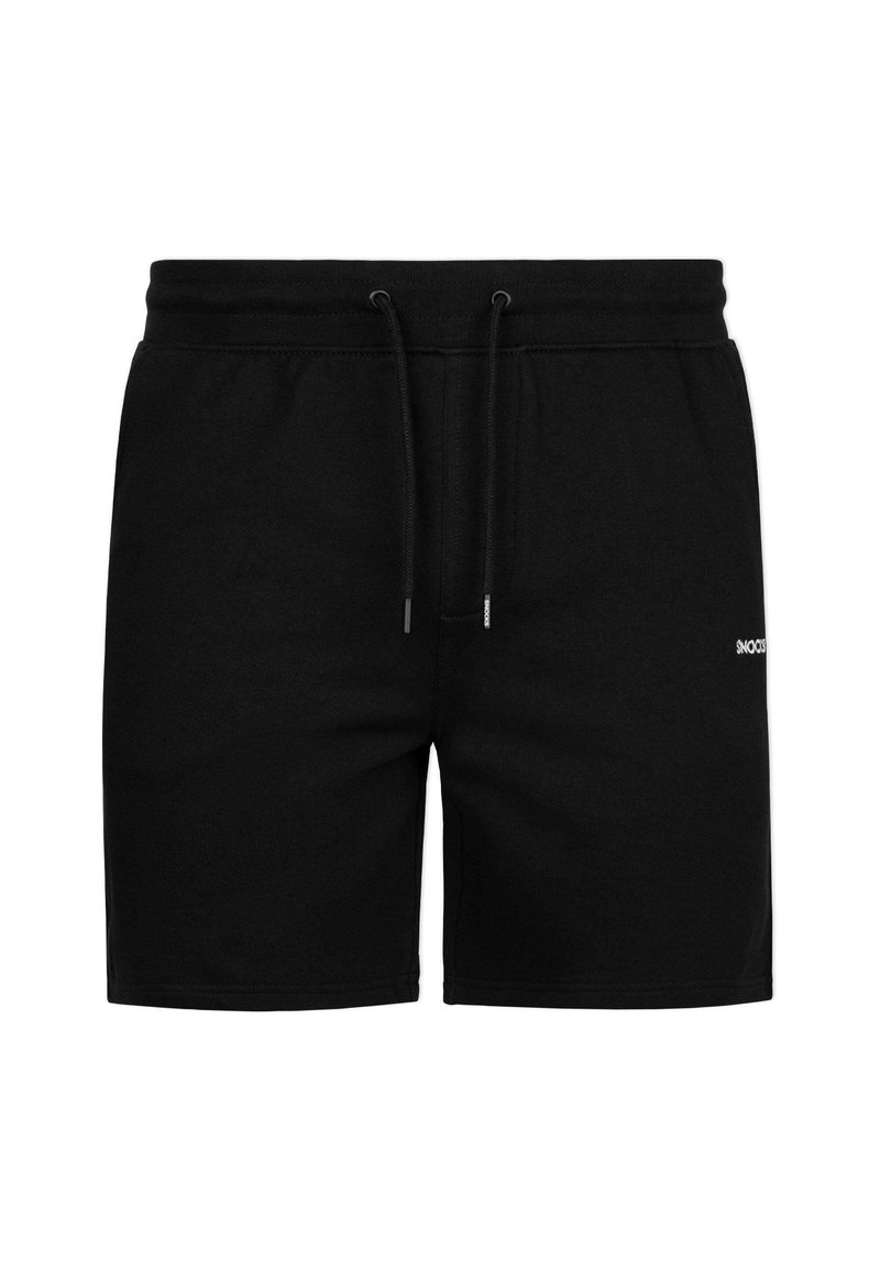 Zwarte katoenen shorts met een elastische tailleband en koord. Beschikt over zijzakken en een klein logo nabij de zoom. Eenvoudig, klassiek ontwerp.