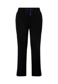 Zwarte joggingsbroek met een trekkoord in de taille, voorzien van paarse zijstrepen. Gemaakt van zachte stof; recht gesneden zonder patronen.
