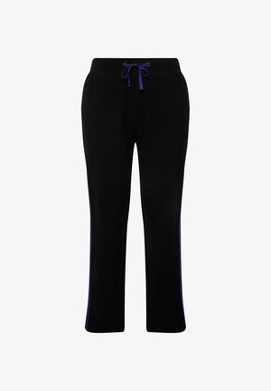 Schwarze Jogginghosen mit einem Kordelzugbund, die lila Seitenstreifen aufweisen. Hergestellt aus weichem Stoff; gerade Beinform ohne Muster.