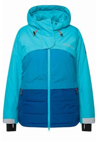 Giacca puffy blu e turchese con cappuccio, apertura a metà zip frontale, polsini elasticizzati e cuciture a contrasto. Presenta due tasche laterali.