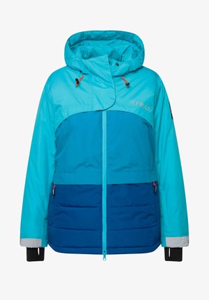 Blå og turkise puffy jakke med hætte, halv-lynlås fortil, elastiske manchetter og kontraststing. Har to sidelommer.