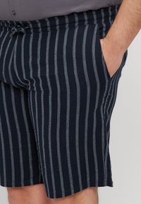 Mørkeblå stripete shorts med vertikale hvite og lyseblå striper, med elastisk midje og sidelommer. Myk stofftekstur.
