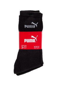 Schwarze Crew-Socken mit gerippter Textur, mit weißem Puma-Logo und Verpackung. Enthält drei Paare, Größen EU 39-42.