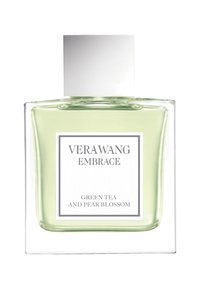 Genomskinlig parfymflaska i rektangulär form, ljusgrön vätska och ett silverlock. Etiketten visar "Vera Wang Embrace" och doftnoter.